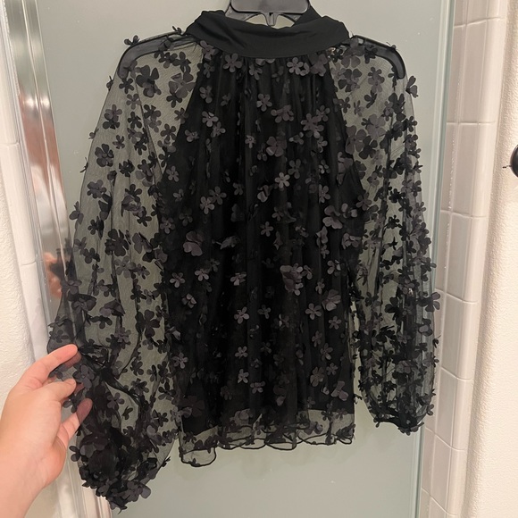 NEW black daisy floral appliqué organza bow blouse - Picture 2 of 6